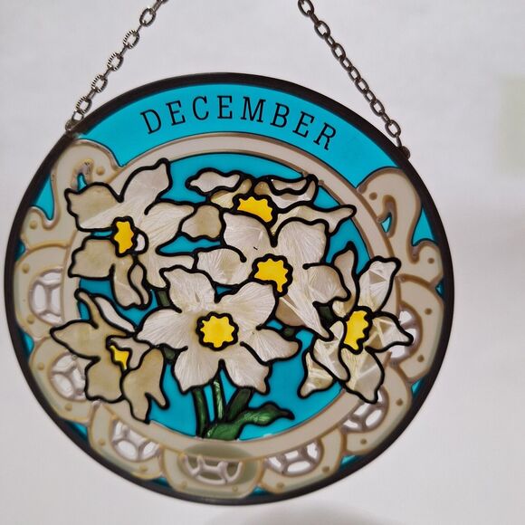 Vtg Joan Baker Hand Painted Stained Glass Sun Catcher December B-day Narcissus - Picture 3 of 6